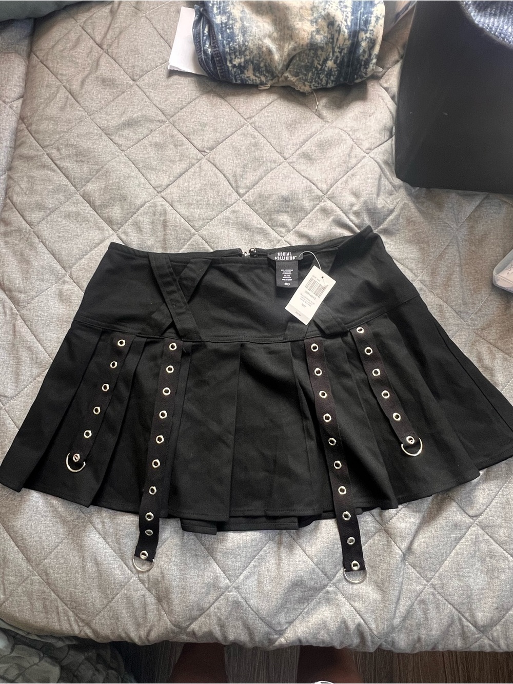 NWT Social Collision Black Pleated Grommet Mini Skirt Size Medium